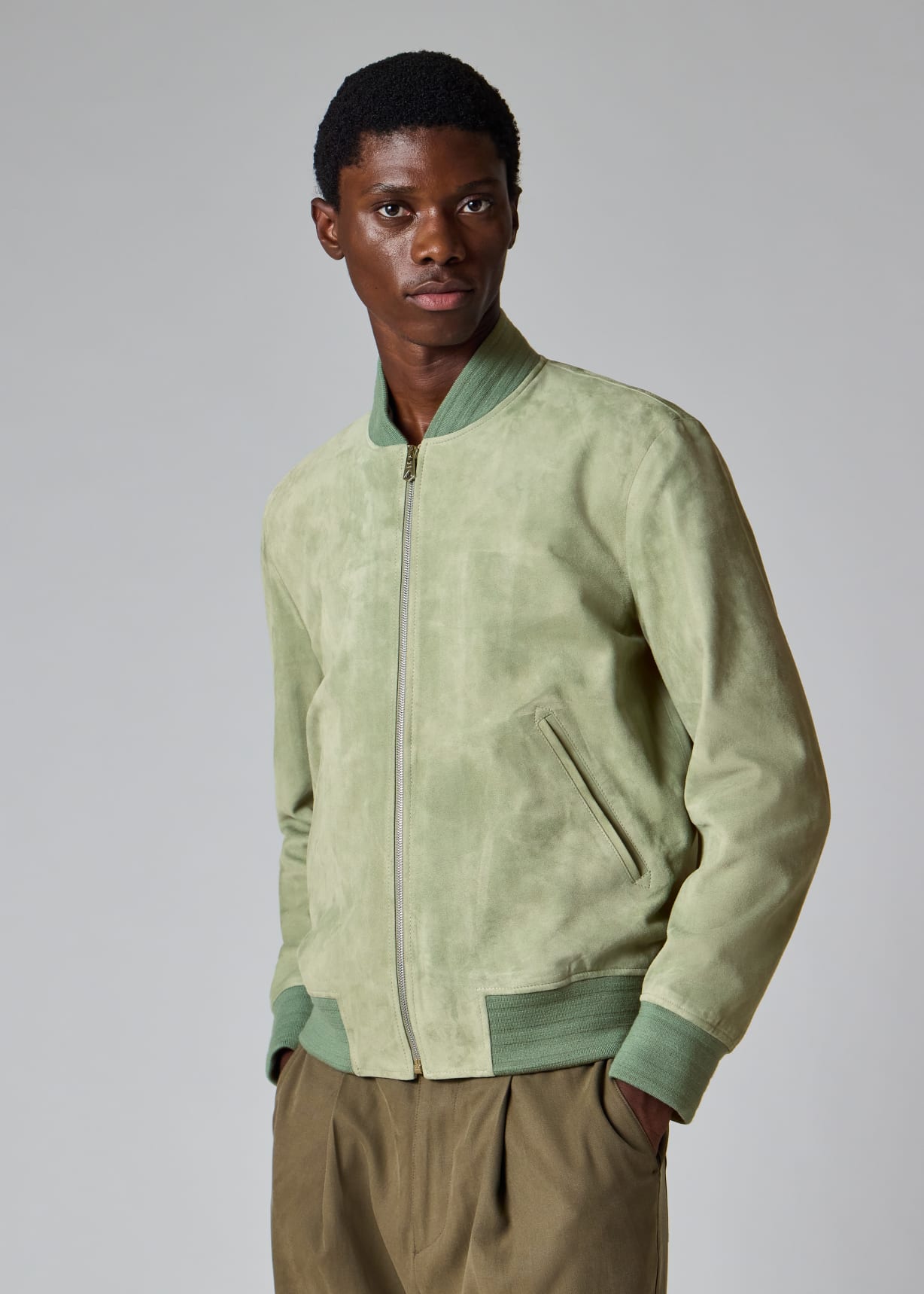 Light Green Suede Bomber Jacket