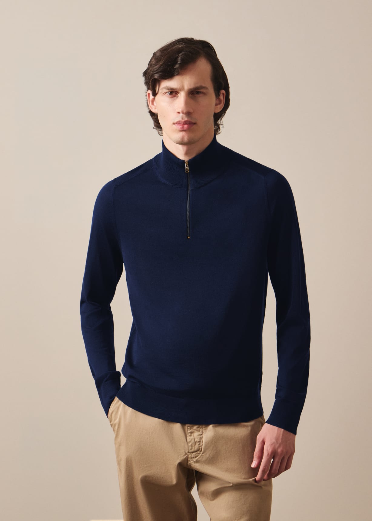 Men's Navy Merino Wool Quarter Zip Sweater