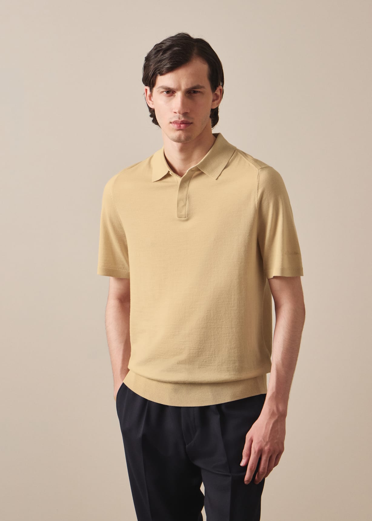 Men's Beige Washable Merino Wool Polo Shirt