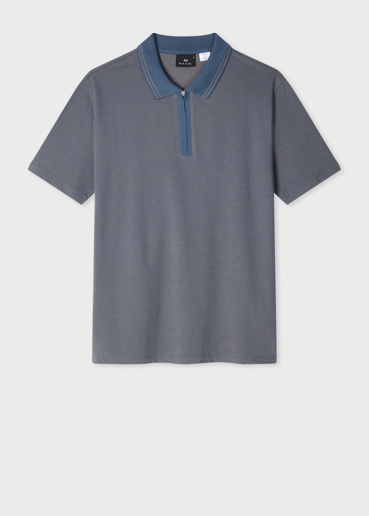 Men's Blue Textured Cotton Zip Polo Shirt