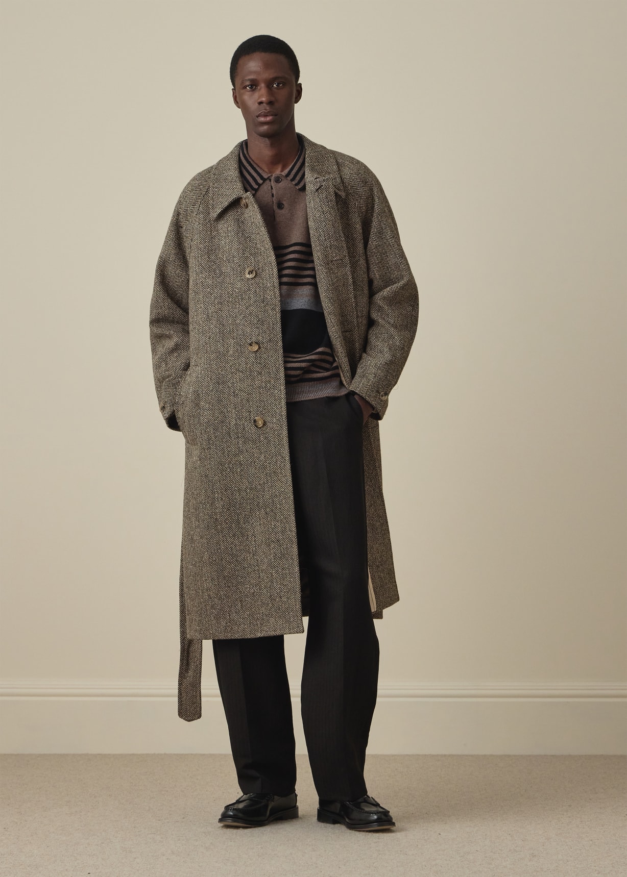 Men's Light Brown Harris Tweed Herringbone Belted Coat