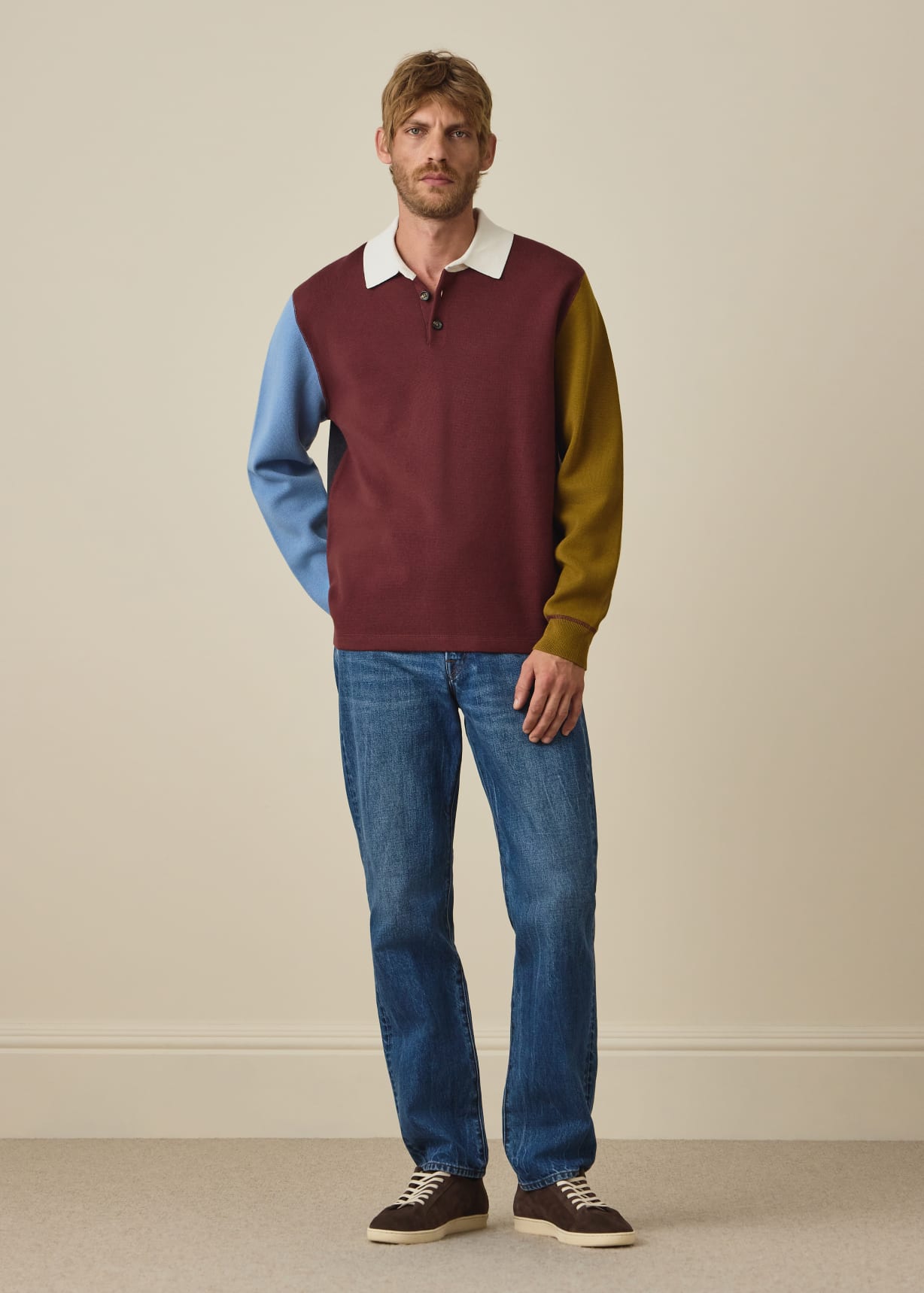 Men's Rust Brown Cotton-Blend Colour-Block Rugby Top