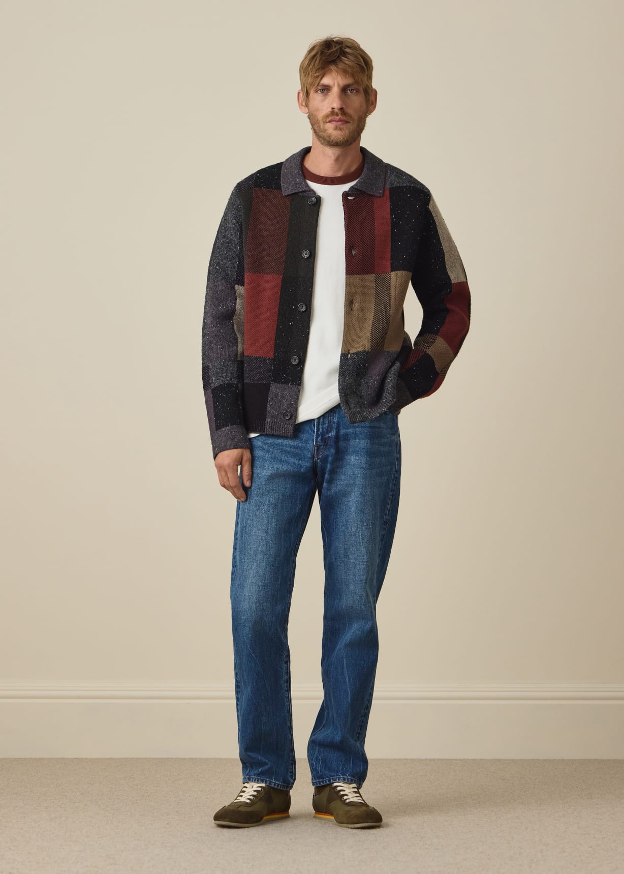 Men's Brown Pebbles Check Wool-Blend Cardigan