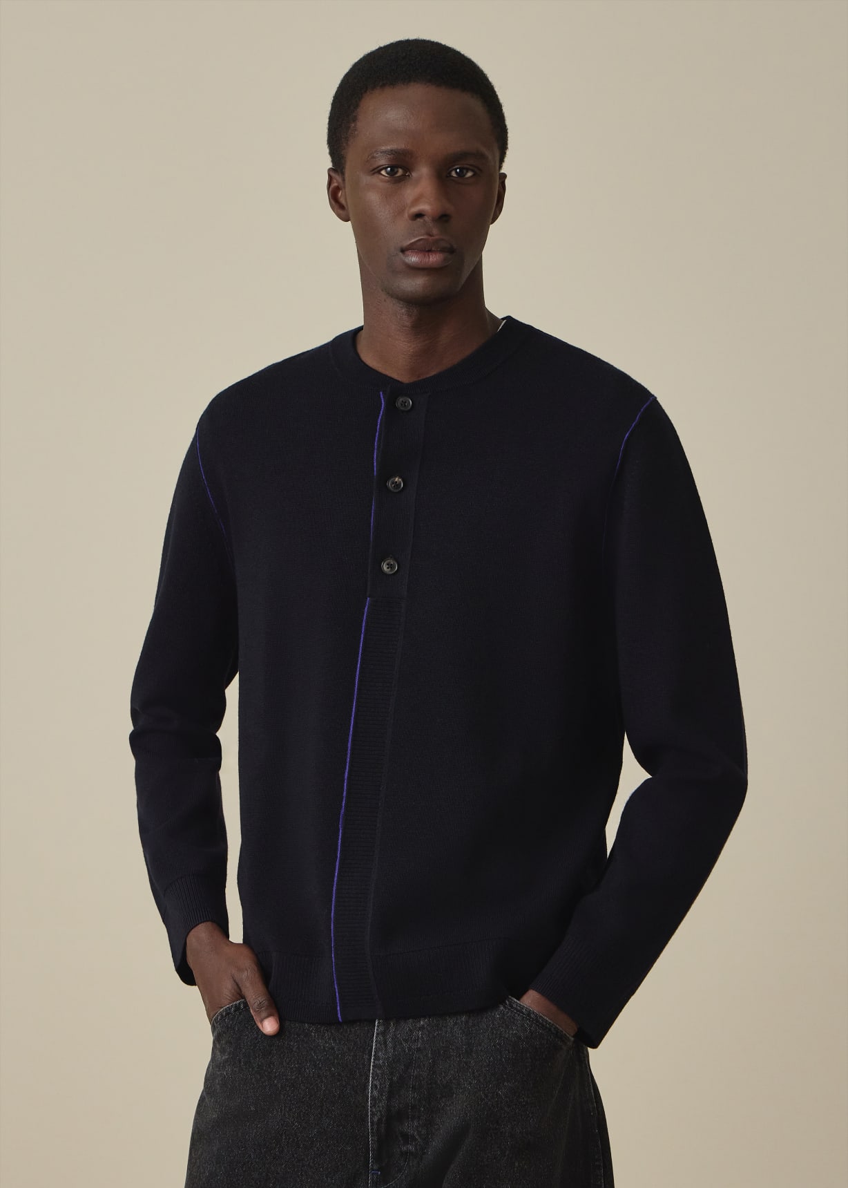 Men's Navy Merino Wool Henley Sweater