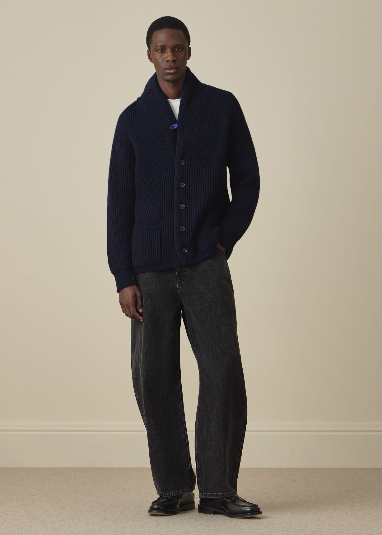 Men's Navy Lambwool Shawl Collar Cardigan