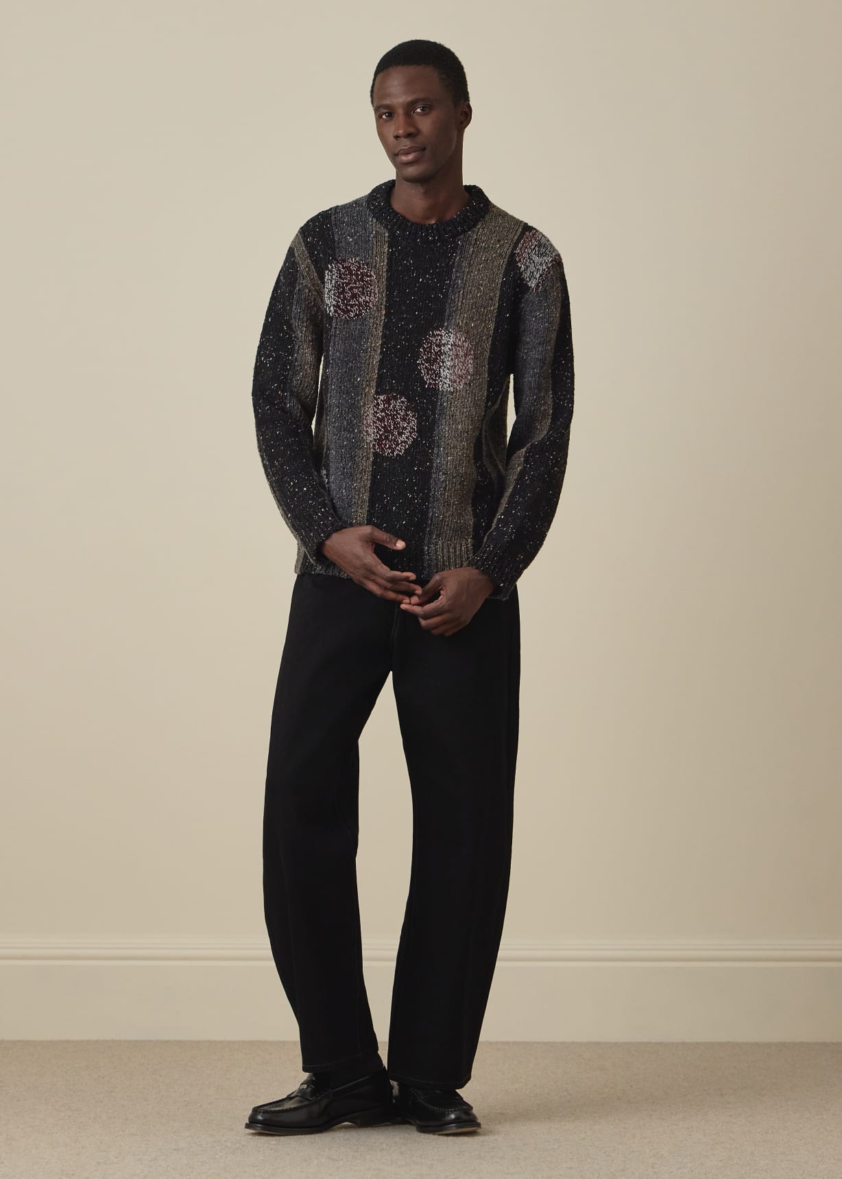 Men's Black and Grey Stripe Polka Dot Wool Sweater