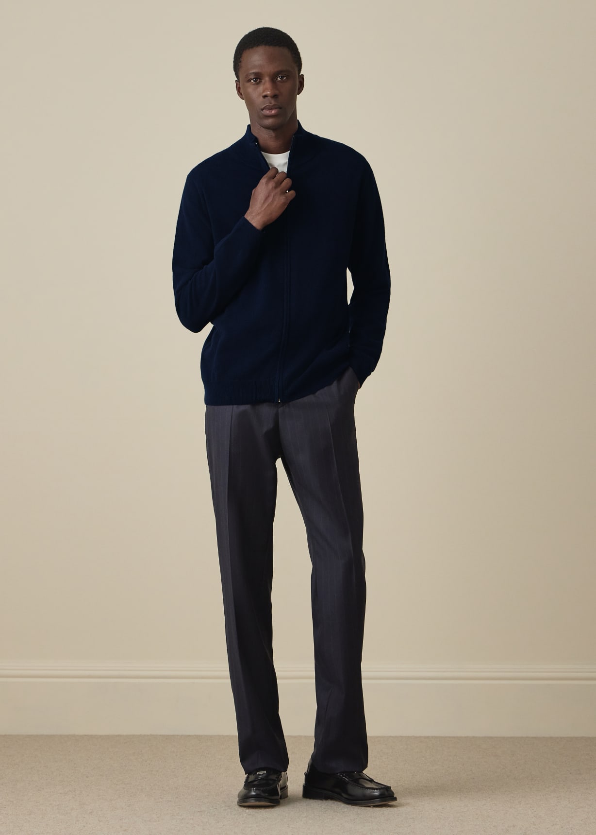 Men's Navy Cashmere Zip Cardigan