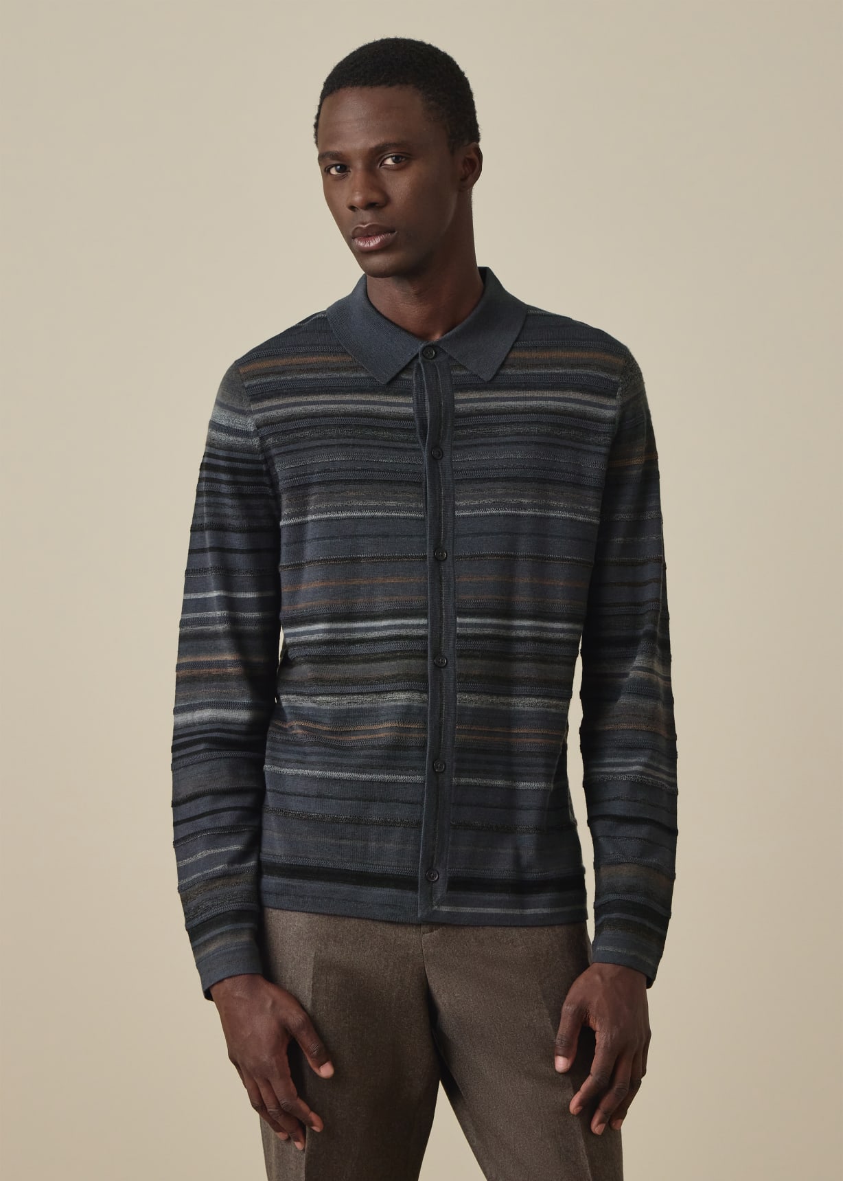 Men's Grey Textured Stripe Merino Wool Cardigan