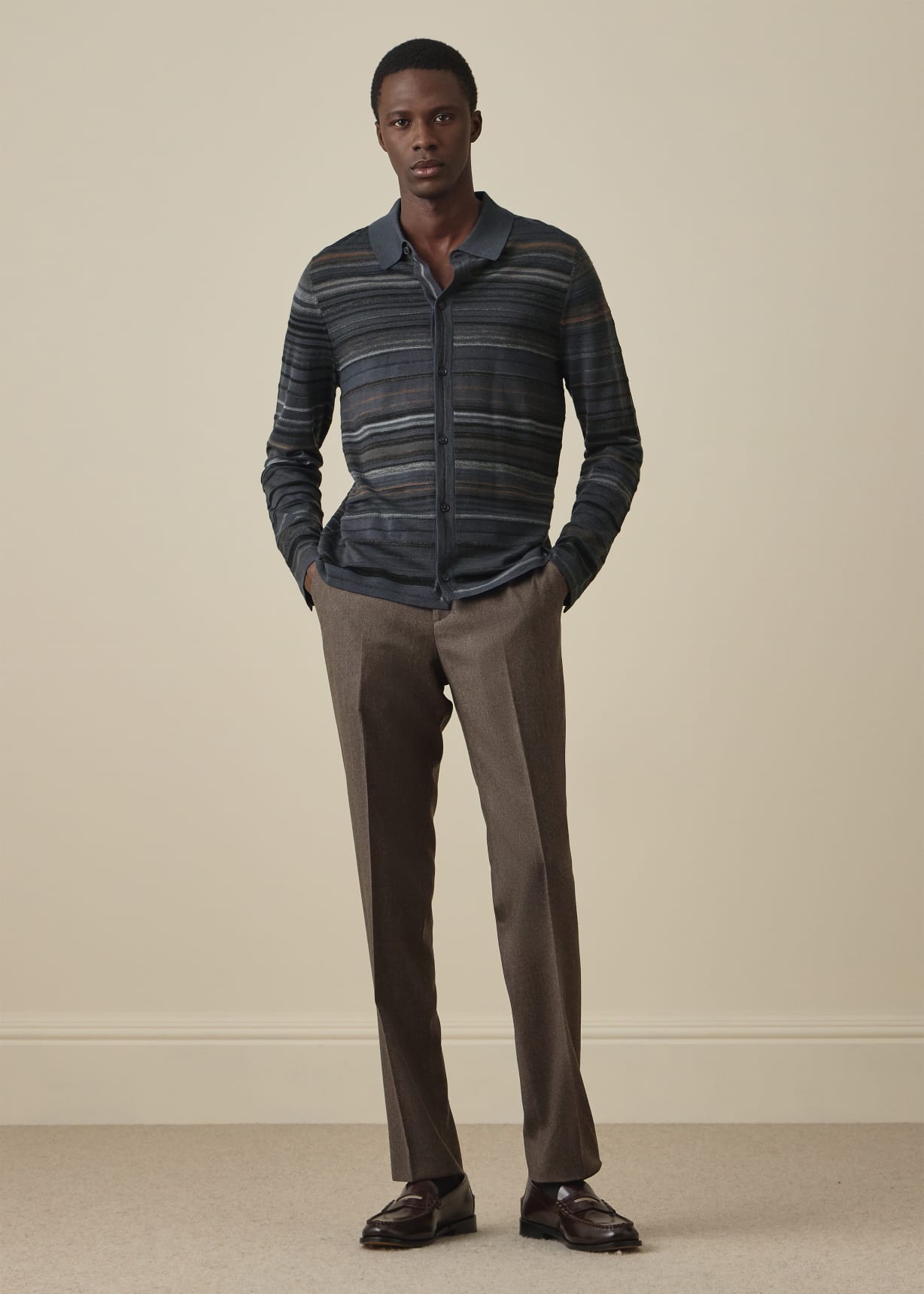 Paul Smith レイヤードカラー カーディガン　エクリュ Men's Grey Textured Stripe Merino Wool Cardigan