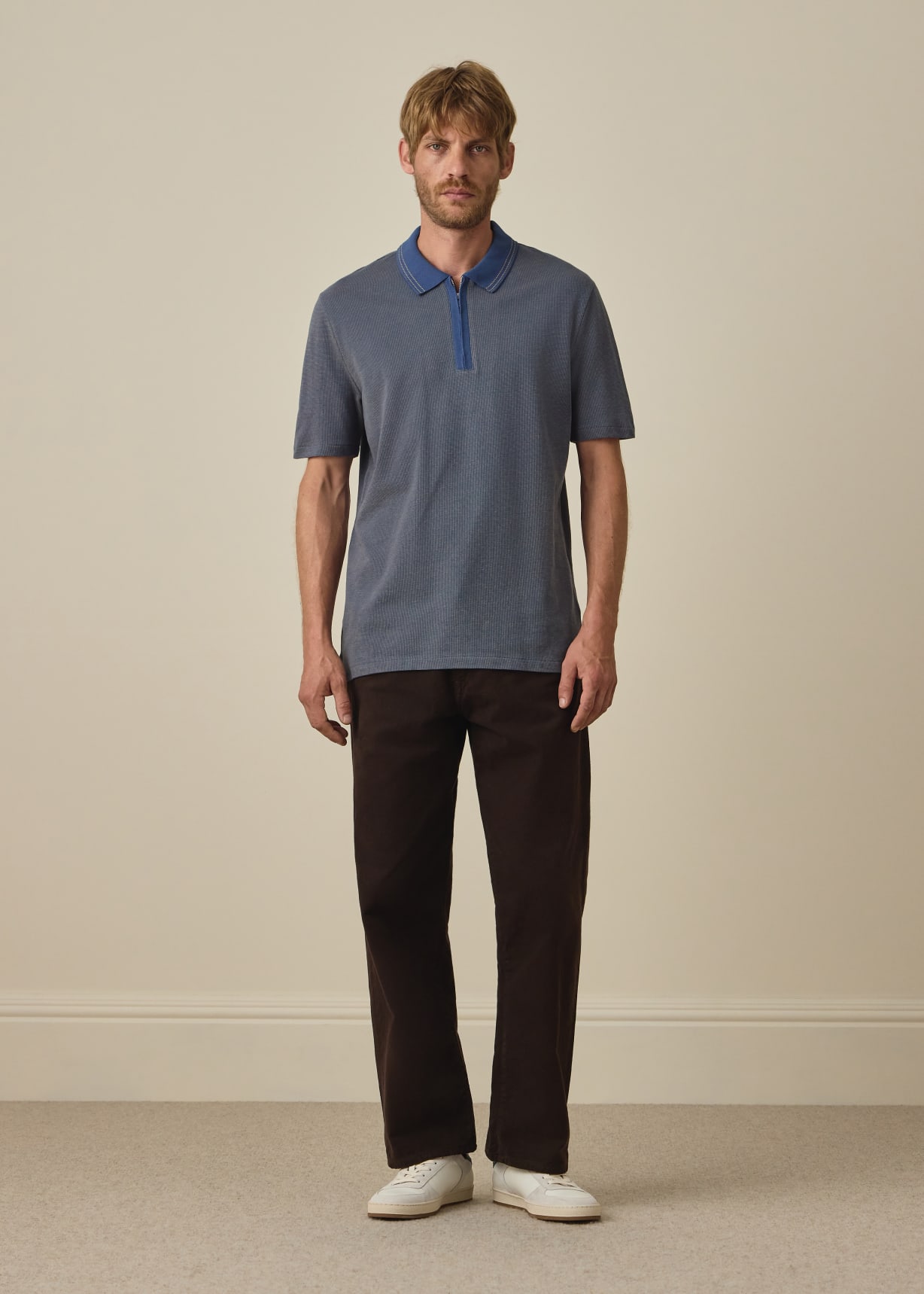 Paul Smith￼ スエード￼レザーシャツ オリーブ S Men's Blue Textured Cotton Zip Polo Shirt