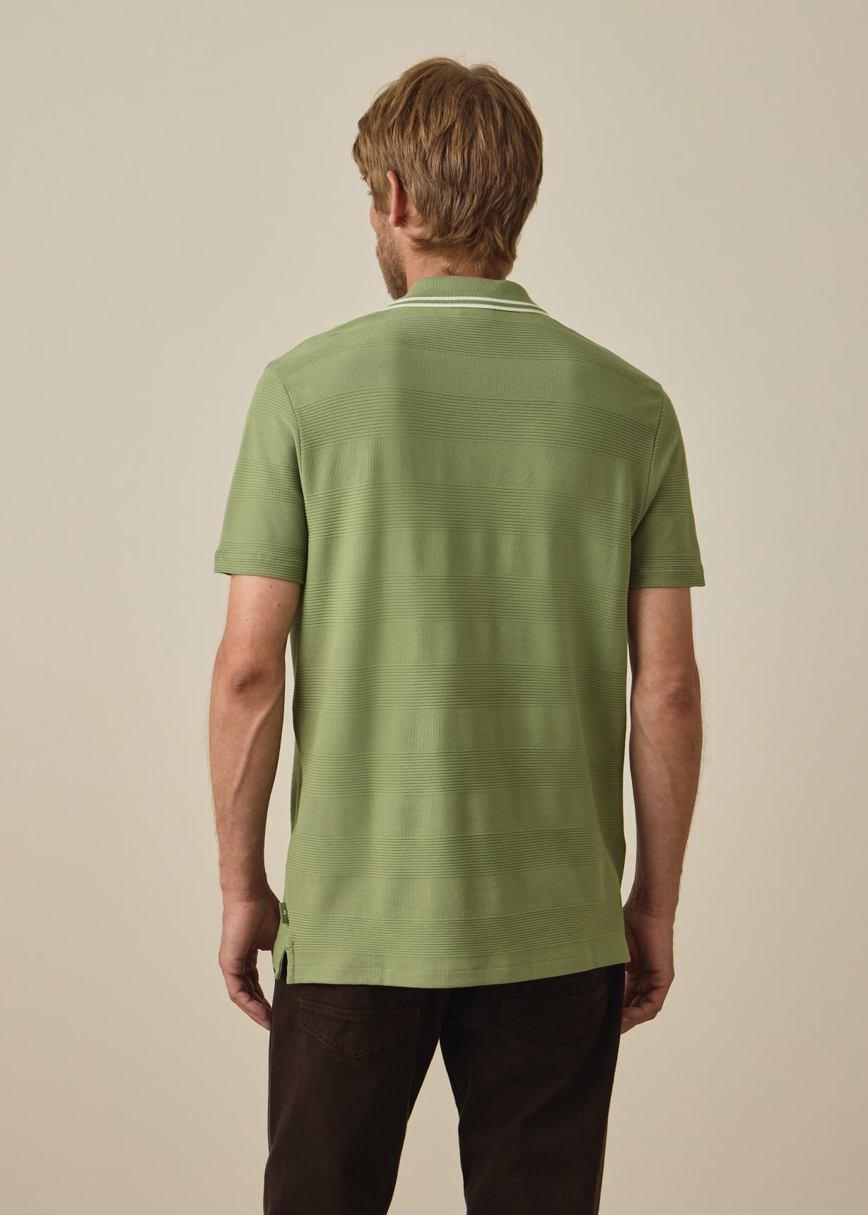 Men's Green Textured Stripe Zip Polo Shirt