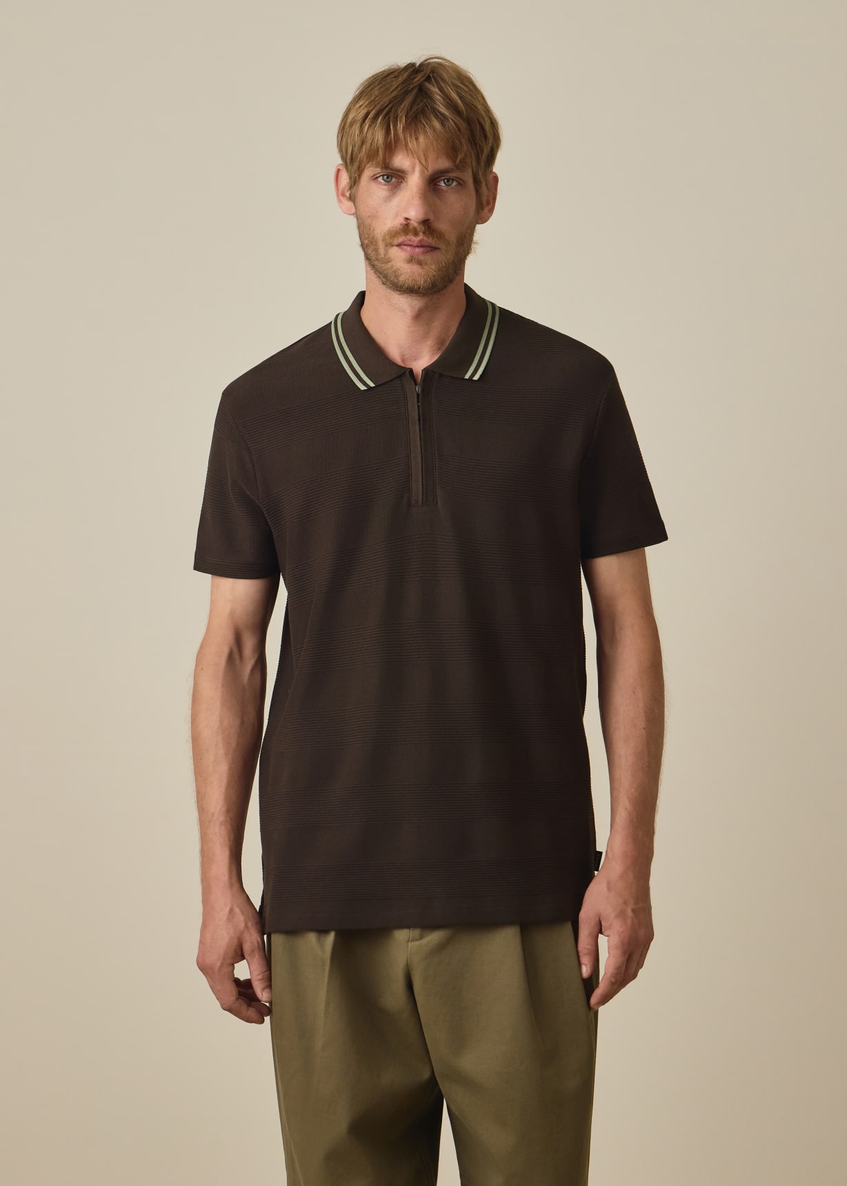 Men's Brown Textured Stripe Zip Polo Shirt
