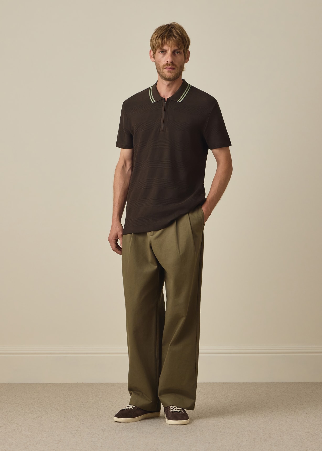 Men's Brown Textured Stripe Zip Polo Shirt