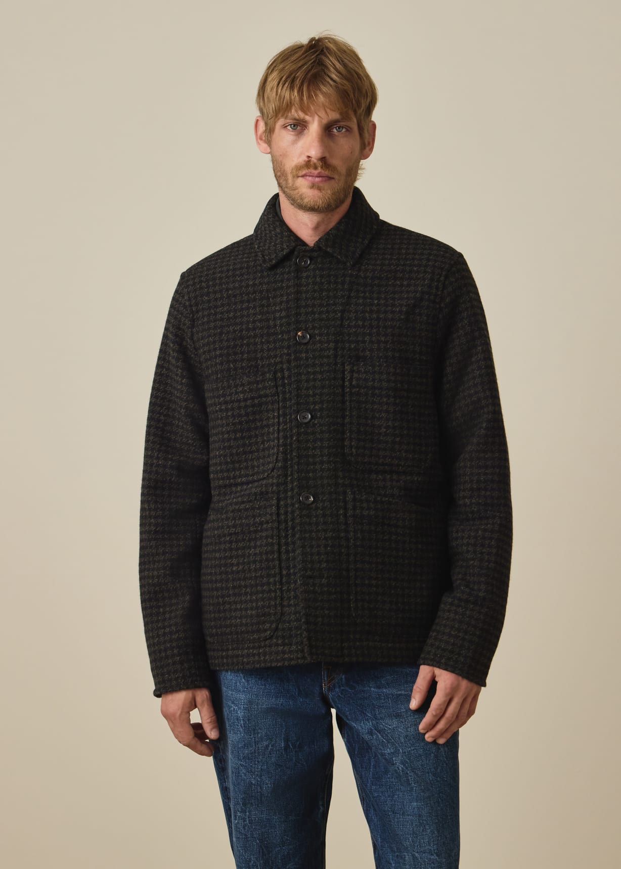Men's Dark Green Dogtooth Wool-Blend Chore Jacket
