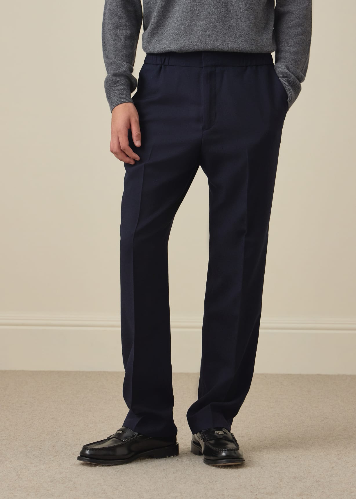 Men's Navy Two-Ply Hopsack Wool Elasticated-Waist Trousers