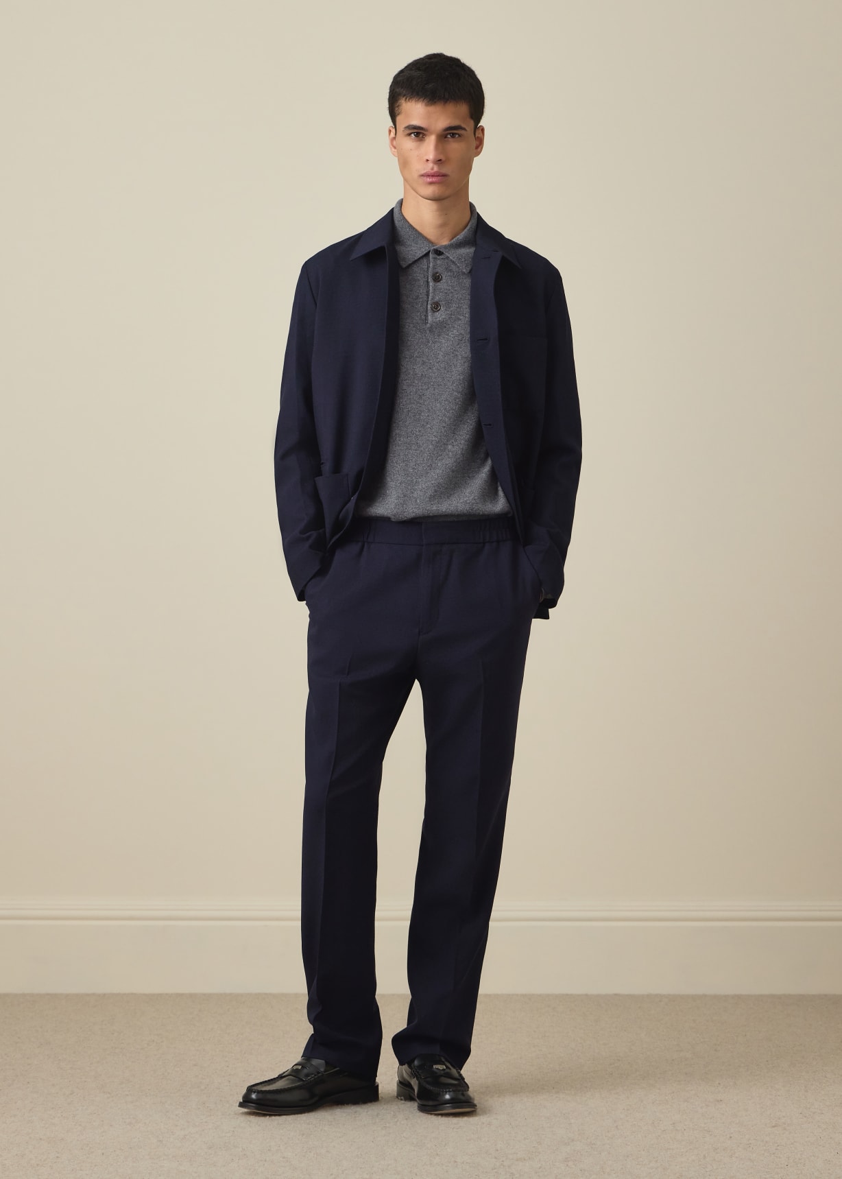 Men's Navy Two-Ply Hopsack Wool Elasticated-Waist Trousers