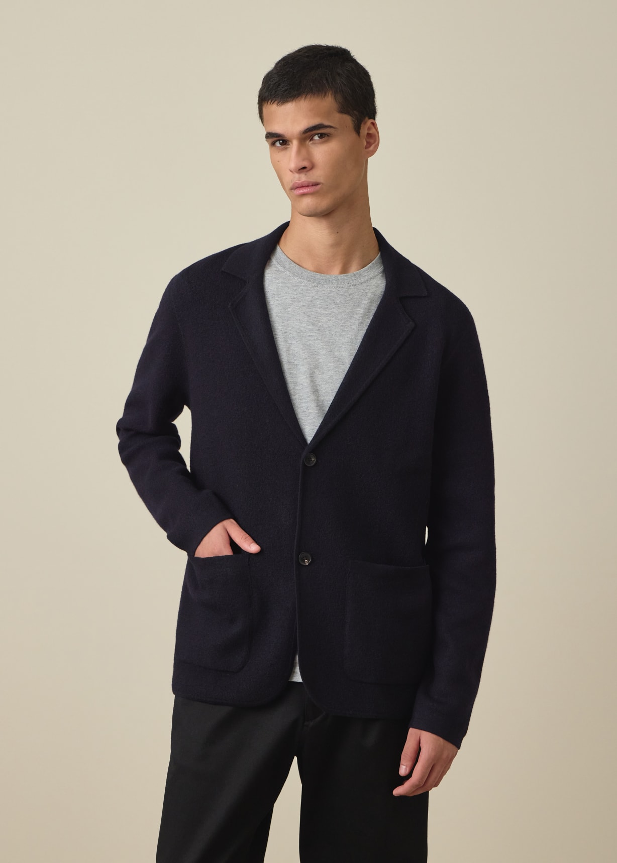 Men's Navy Merino Wool Knitted Cardigan Blazer