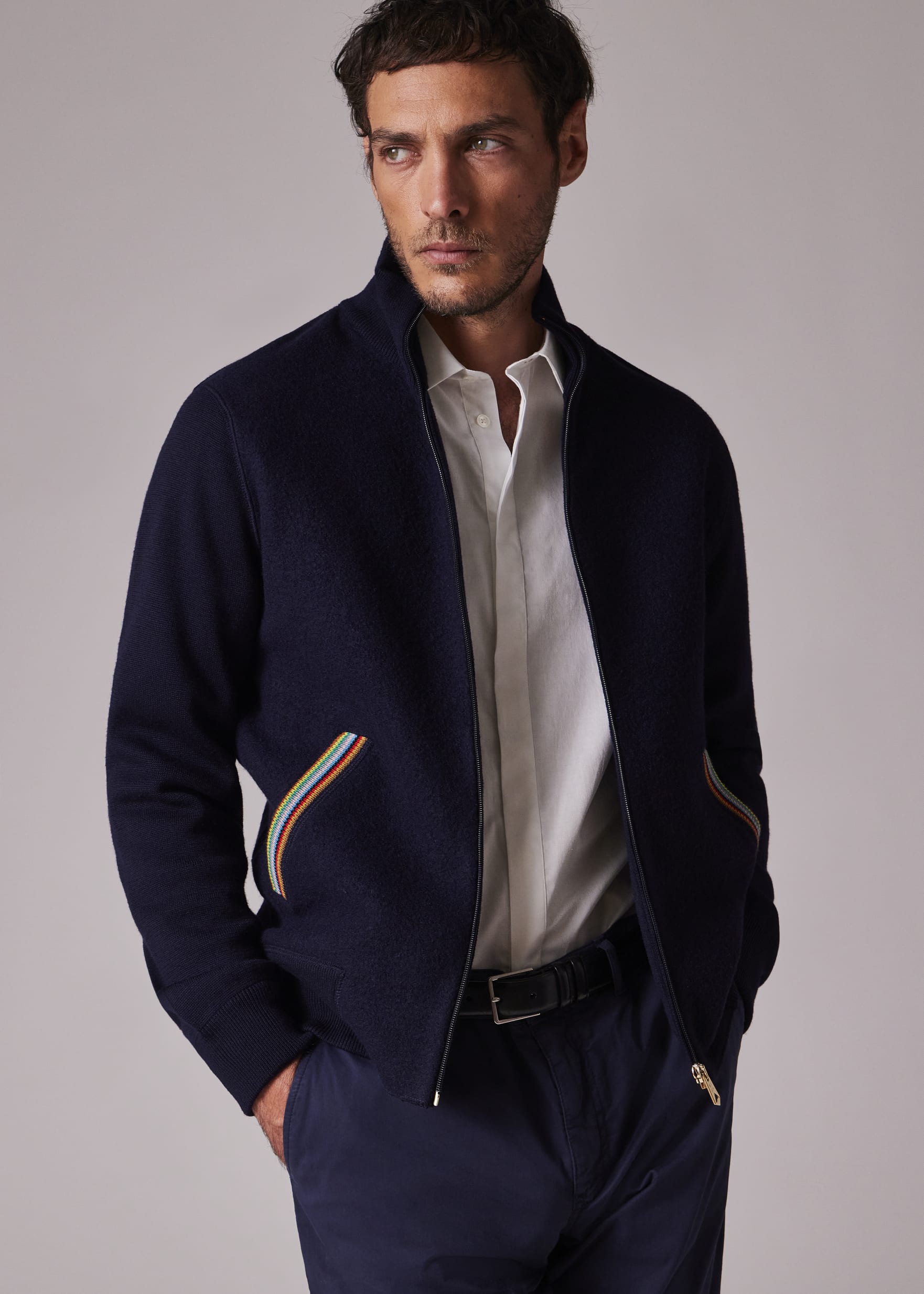 【美品】Paul Smith Collection ネイビー ストライプ XL Men's Navy 'Signature Stripe' Merino Wool Knitted Jacket