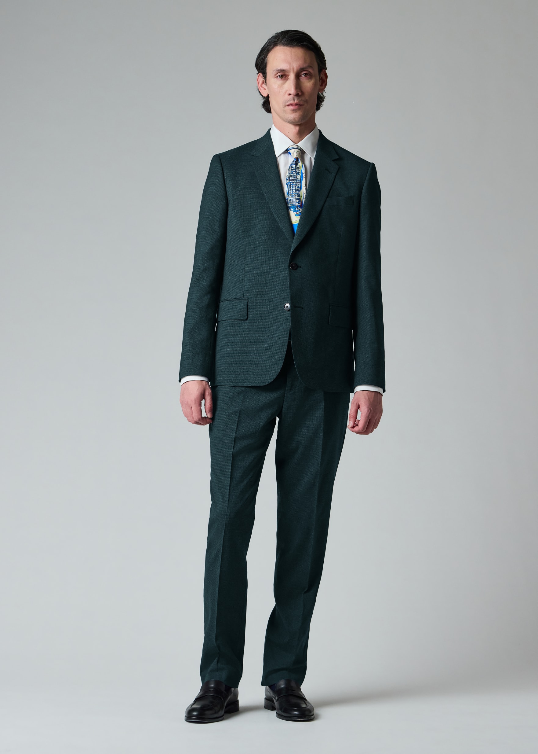 Men's Tailored-Fit Teal Micro Houndstooth Wool Suit