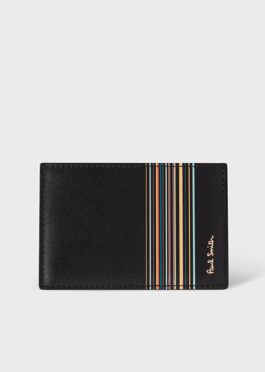 メル31620　Paul Smith STRIPE カードケース Black 'Signature Stripe' Leather Card Holder