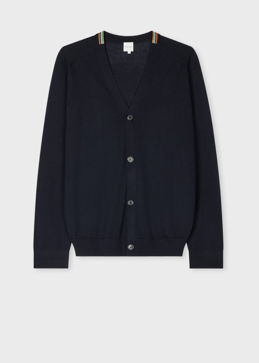 Navy Washable Merino Wool 'Signature Stripe' Zip Cardigan