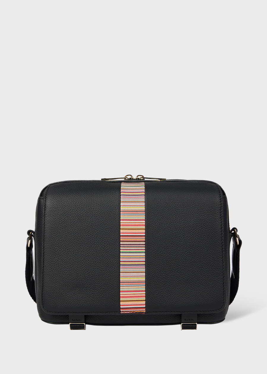 Black Straw-Grain Embossed Leather Messenger Bag
