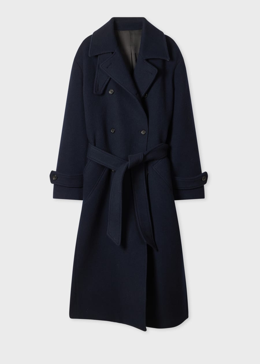 定価7万7000円 Paul Smithウールロング丈コート Women's Navy and Grey Check Brushed Wool Coat with Back Buttons