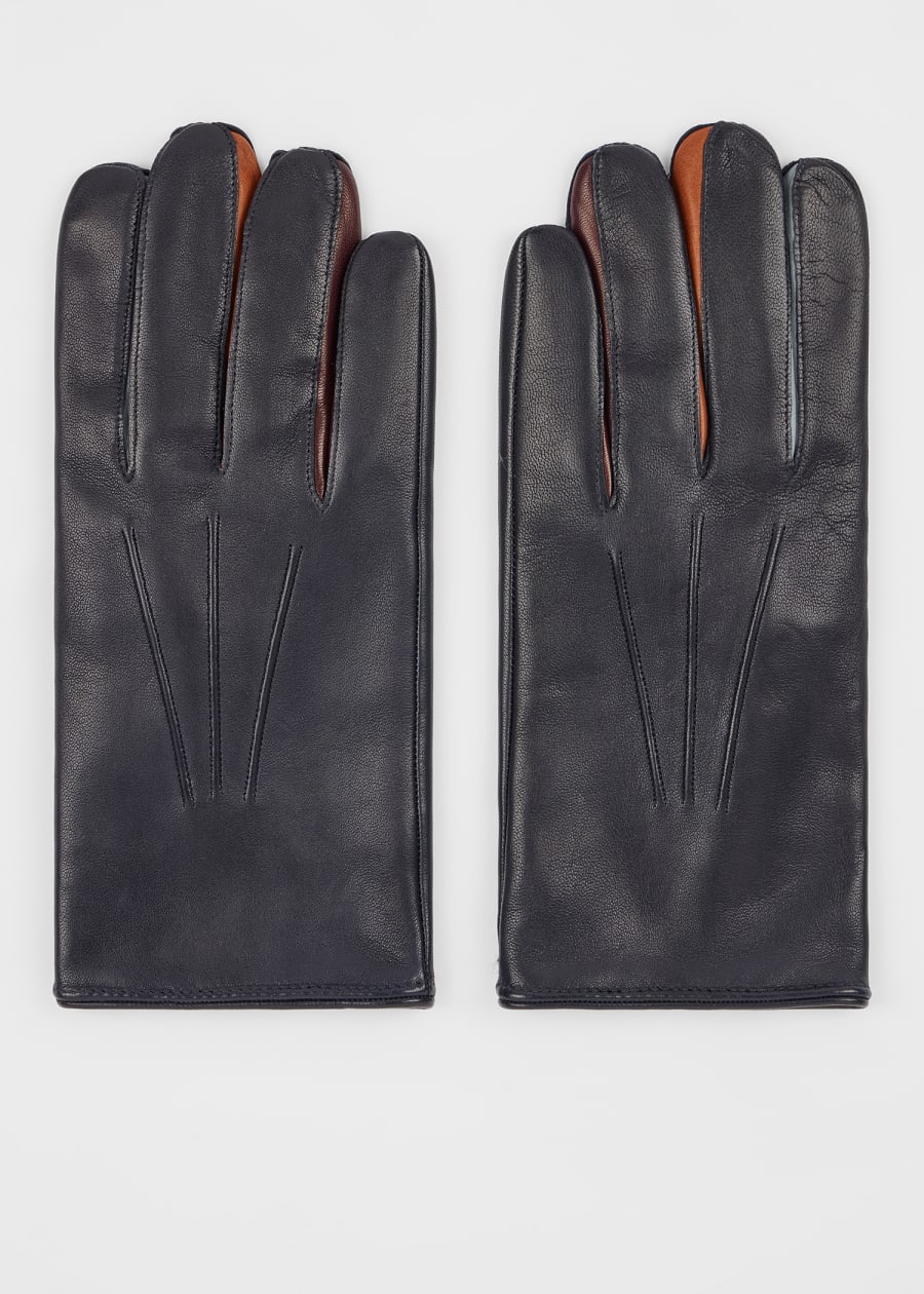 祐*様 Paul Smith 黒いレザー手袋 Men's Black Leather Gloves With 'Signature Stripe' Piping