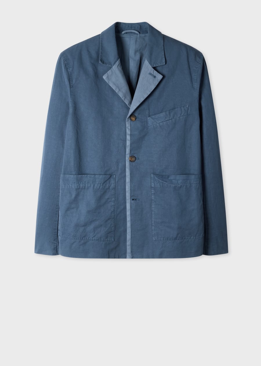 【PS Paul Smith】リネン100％ テーラードジャケット ブルー系 M Men's Mid Blue Textured Stripe Chore Jacket