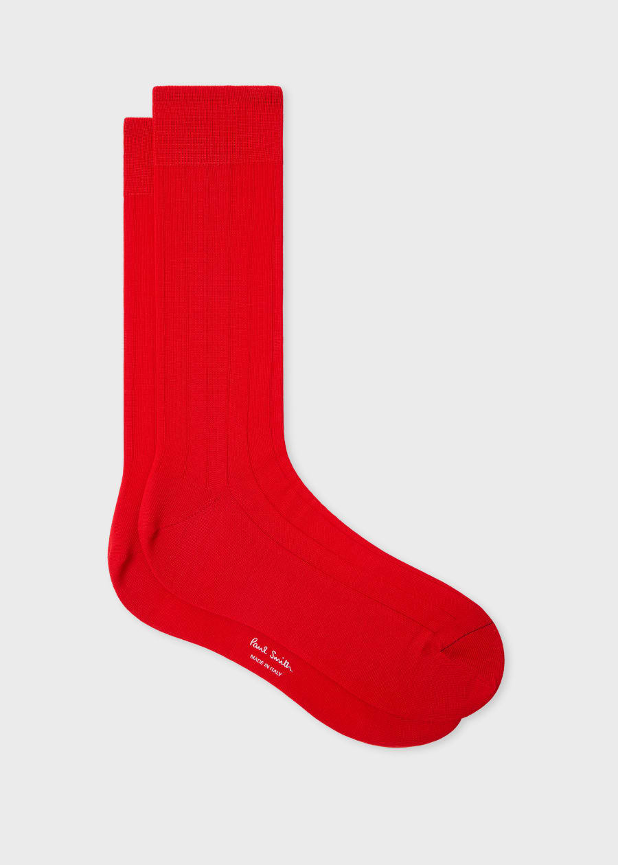 Men's Red Cotton-Blend Ribbed Socks