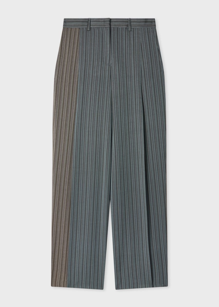 Women's Grey Herringbone Wide-Leg Pleated Trousers