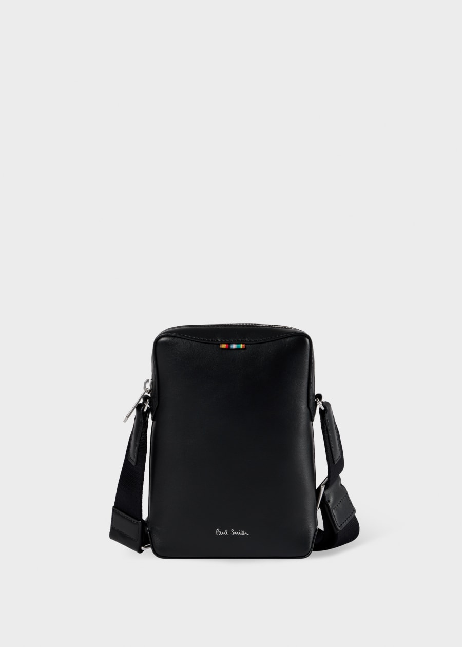 Black Straw-Grain Embossed Leather Messenger Bag