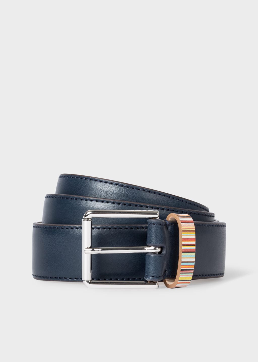 Navy Leather Signature Stripe Keeper Belt