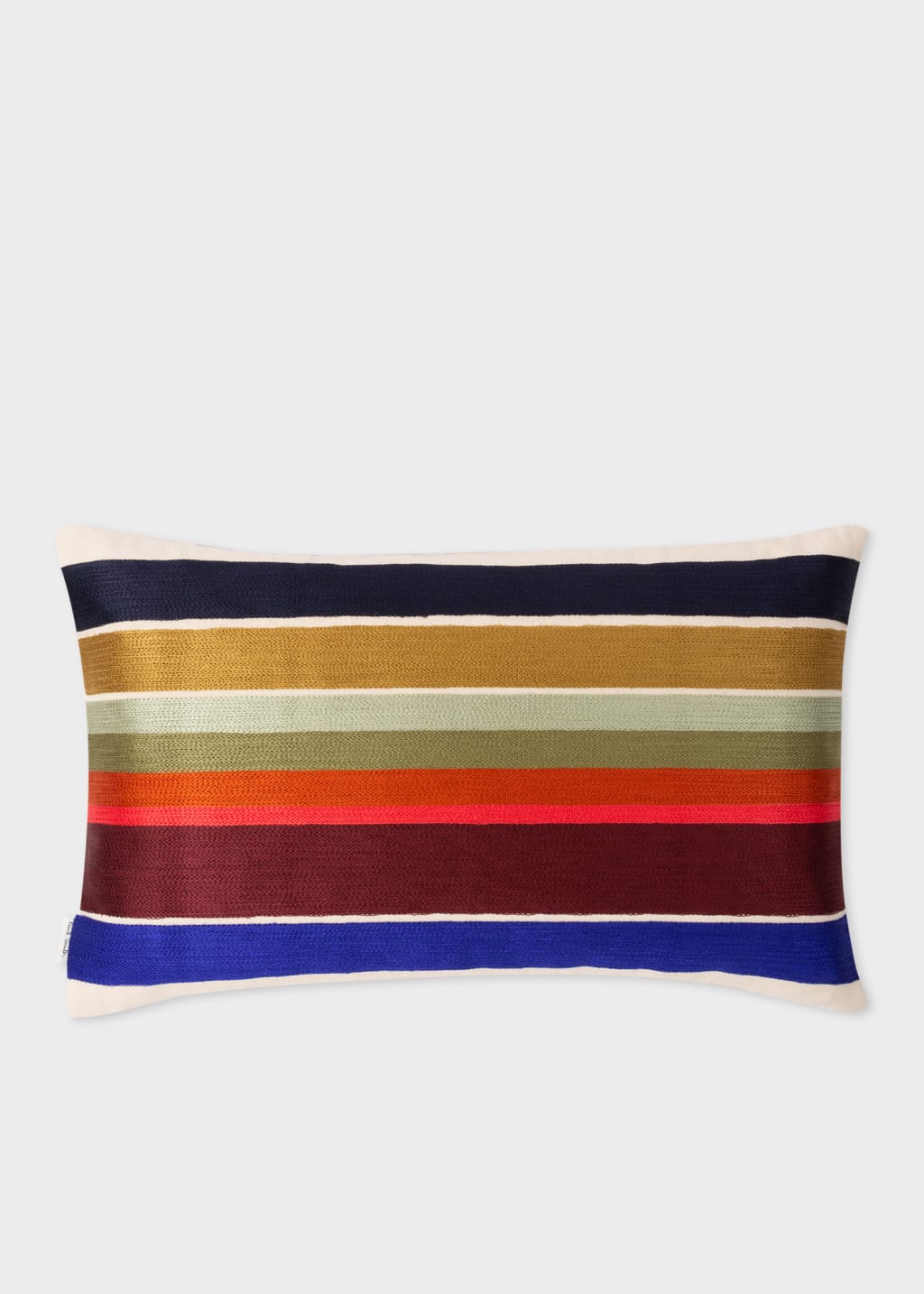 Front View - Ecru Embroidered 'Signature Stripe' Bolster Cushion Paul Smith