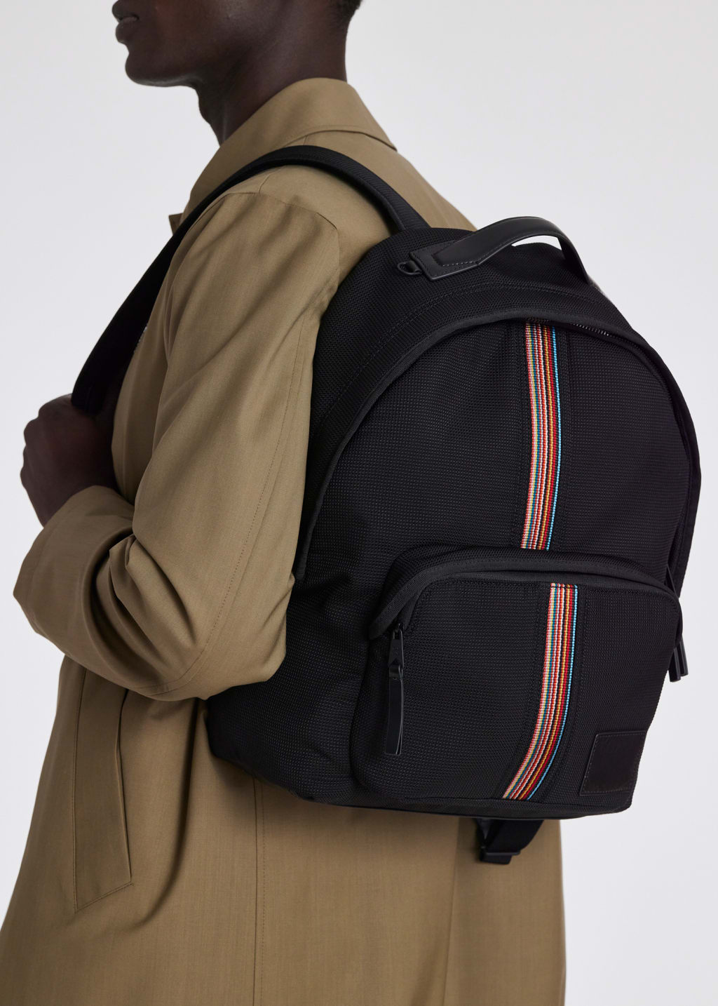 Model View - Black 'Signature Stripe' Backpack Paul Smith