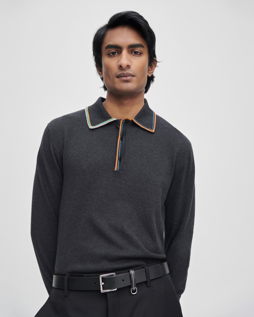Model Front View - 'Signature Stripe' Long-Sleeve Polo Shirt Paul Smith
