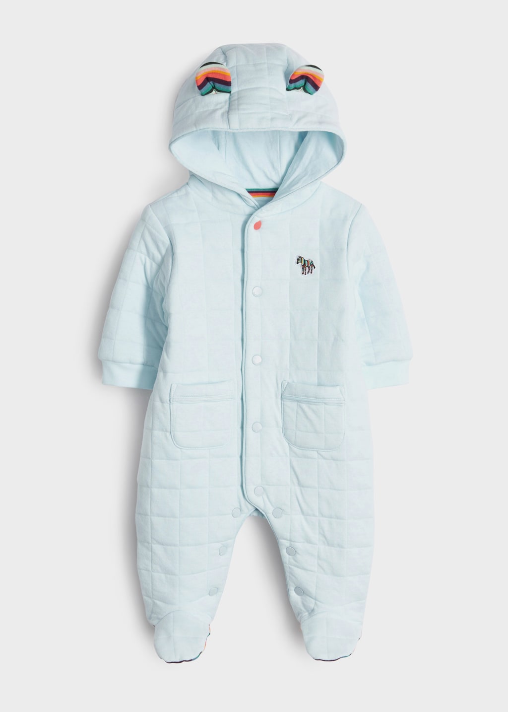 Front View - Babies Pale Blue Zebra Logo Quilted Baby Grow Paul Smith