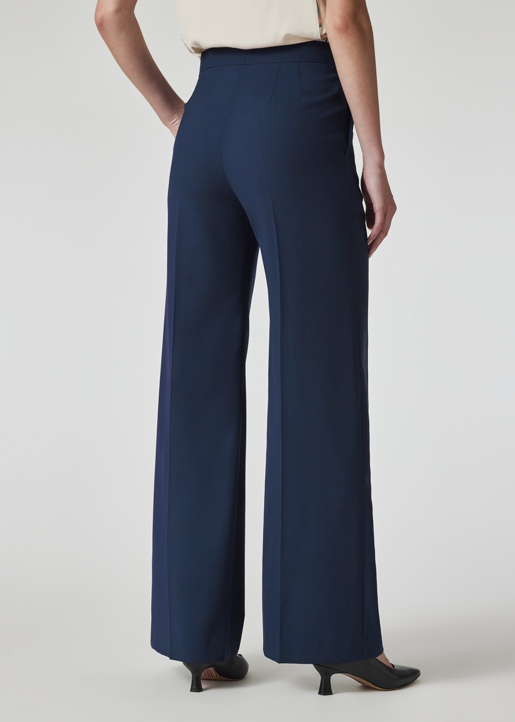 Women's Navy Wool-Hopsack Wide Leg Trousers