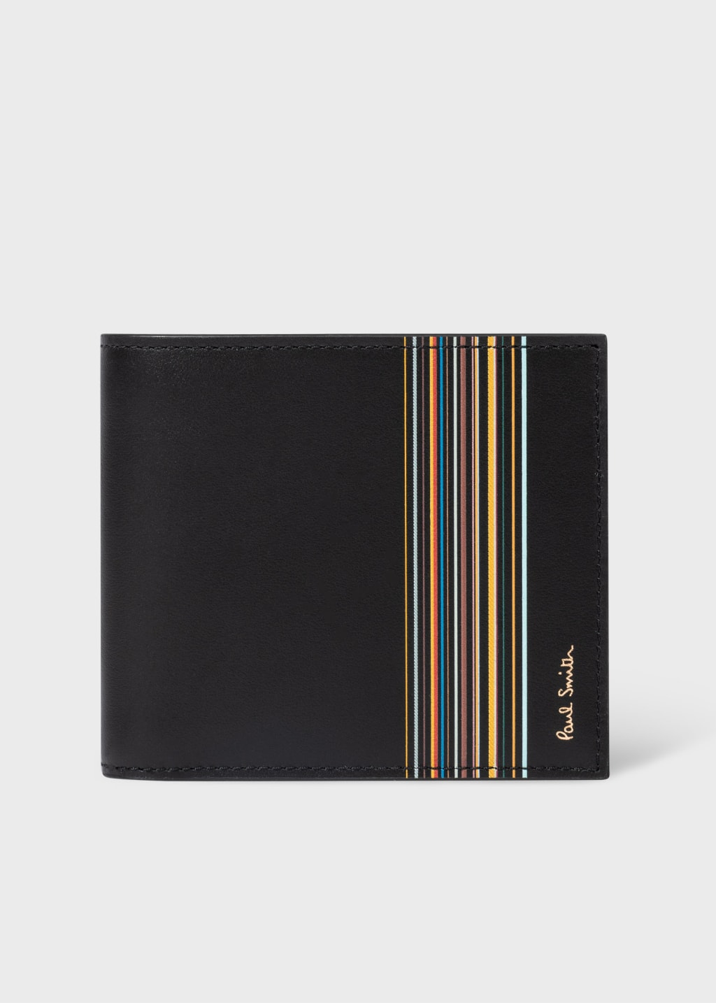 Front View - Black Leather 'Signature Stripe Block' Billfold Wallet Paul Smith