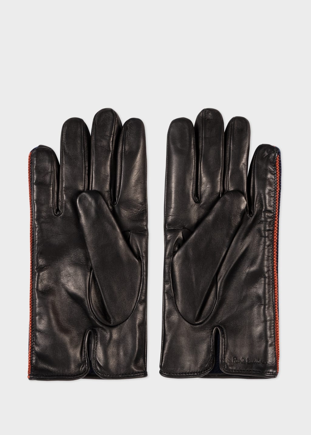 Back View - Black Leather Gloves With Knitted 'Artist Stripe' Trim Paul Smith