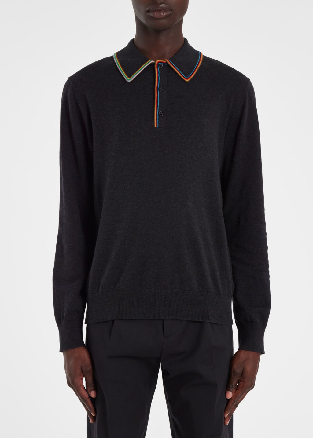 Front Model View - 'Signature Stripe' Long-Sleeve Polo Shirt Paul Smith