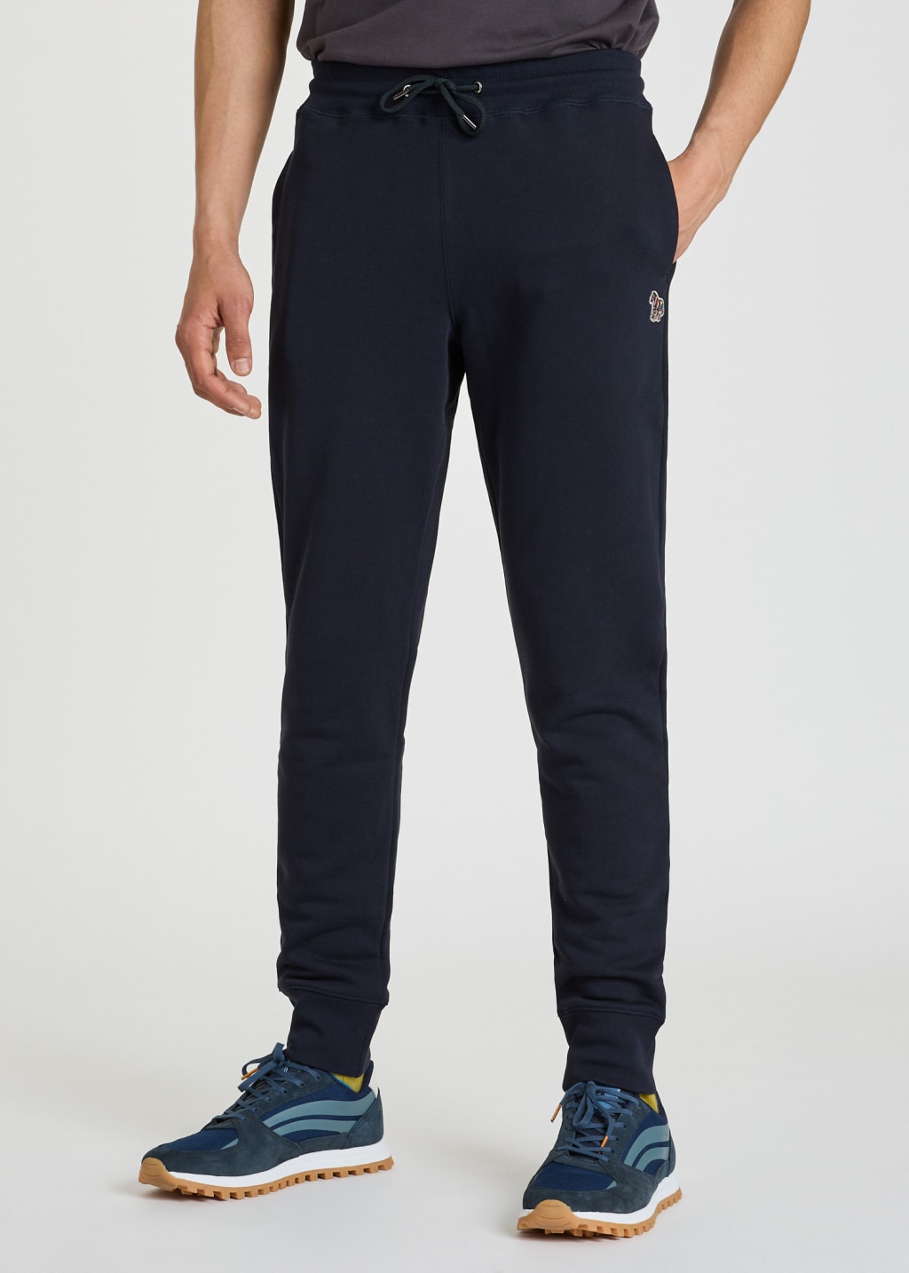 Model View - Tapered-Fit Dark Navy Zebra Logo Cotton Sweatpants Paul Smith