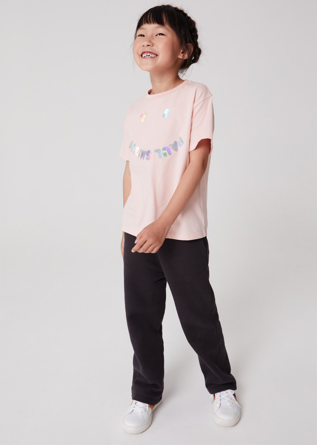 Model View - 2-13 Years Pink Holographic 'Happy' T-Shirt Paul Smith