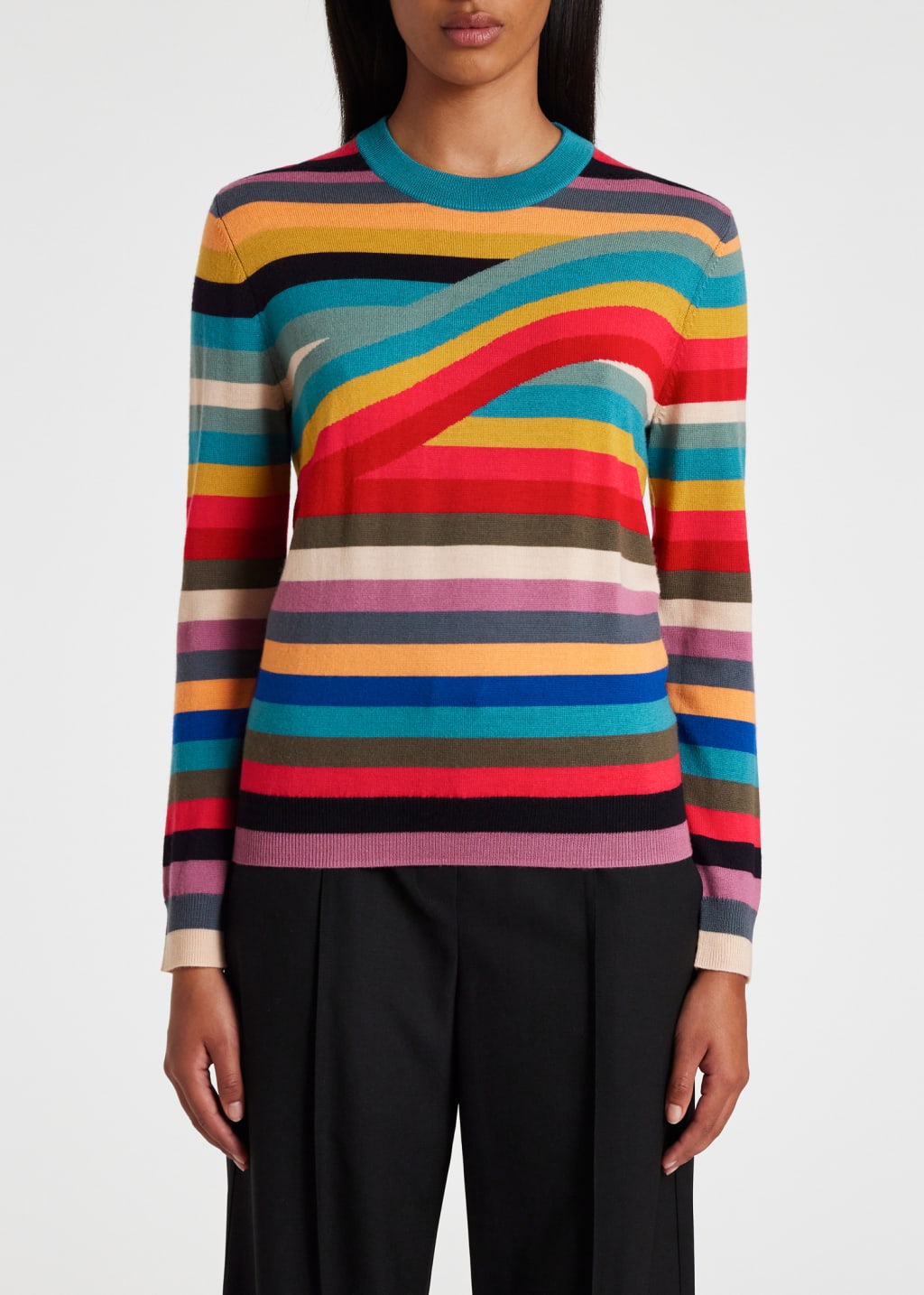 Model View - Women's 'Swirl' Stripe Merino Wool Sweater Paul Smith