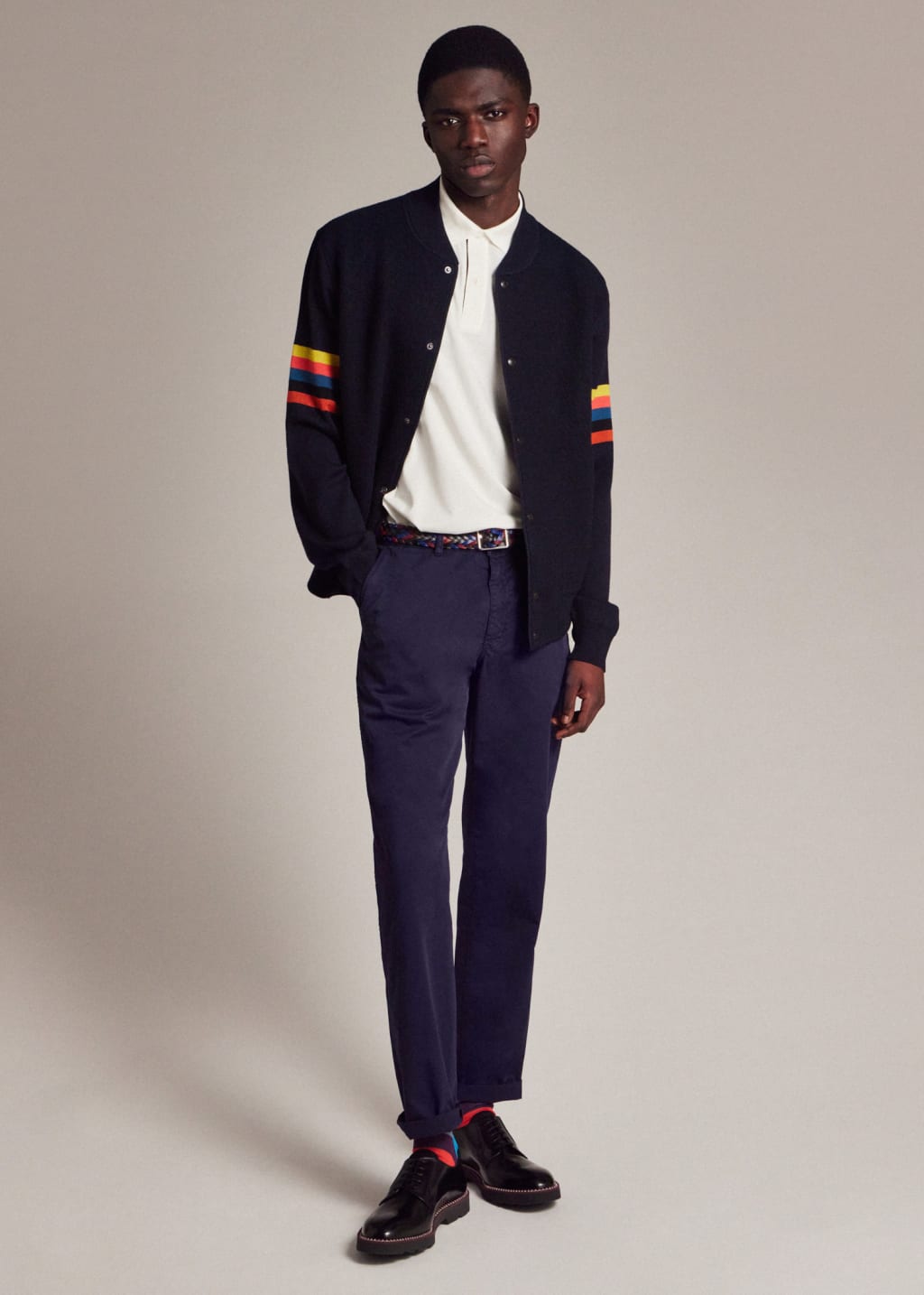 Model View - Tapered-Fit Dark Navy Stretch-Cotton Chinos Paul Smith