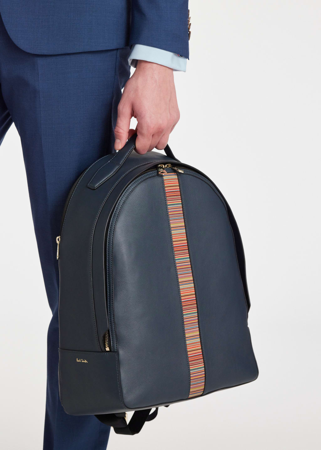 Model View - Dark Blue Leather 'Signature Stripe' Backpack Paul Smith