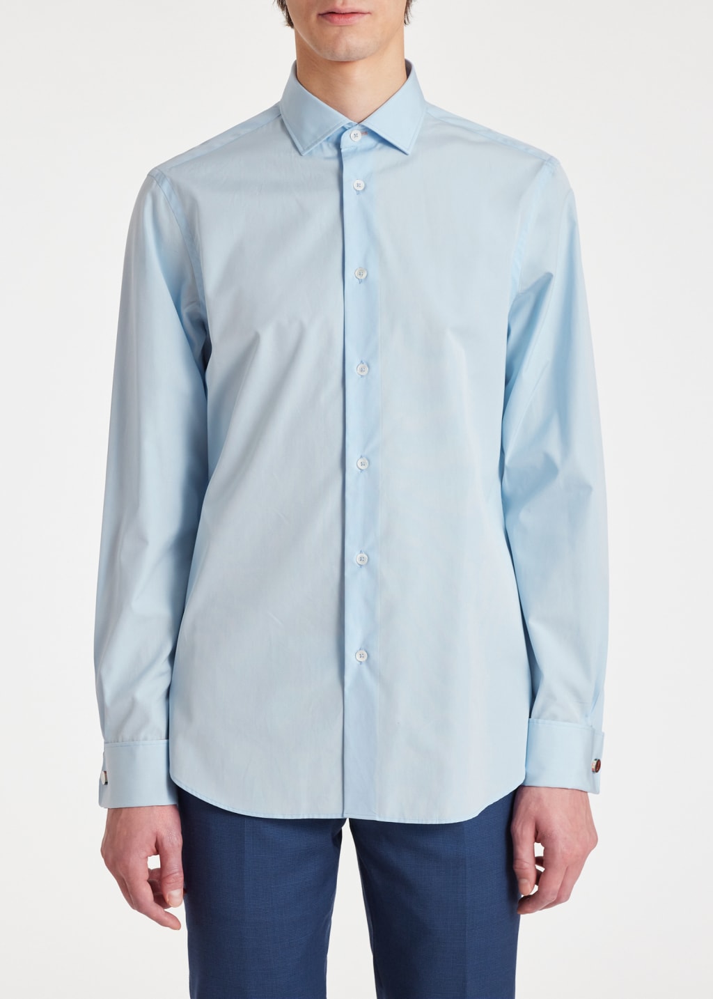 Model View - Tailored-Fit Sky Blue Shirt With 'Signature Stripe' Double Cuff Paul Smith
