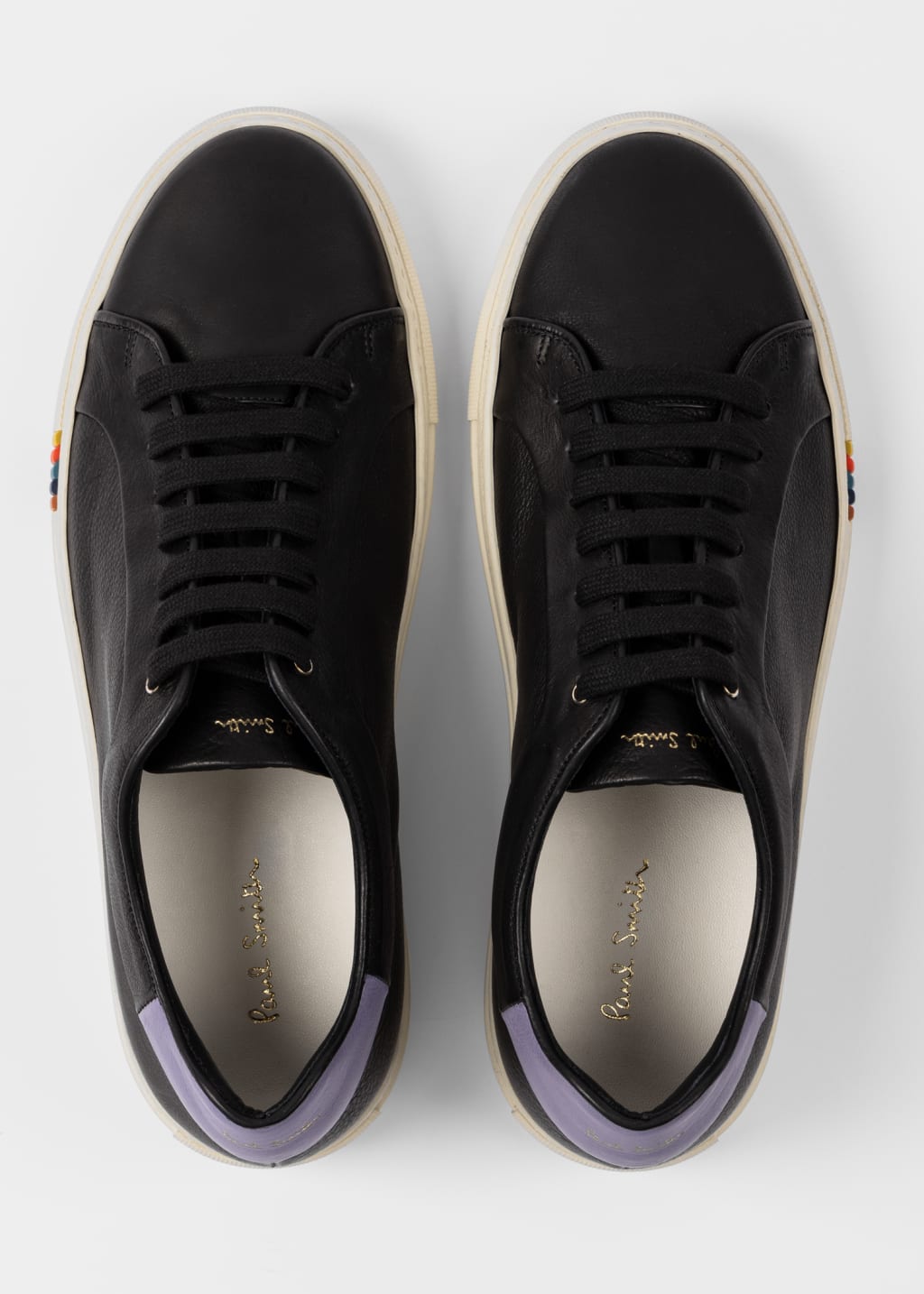 Pair View - Black Leather 'Basso' Trainers With Purple Trim Paul Smith