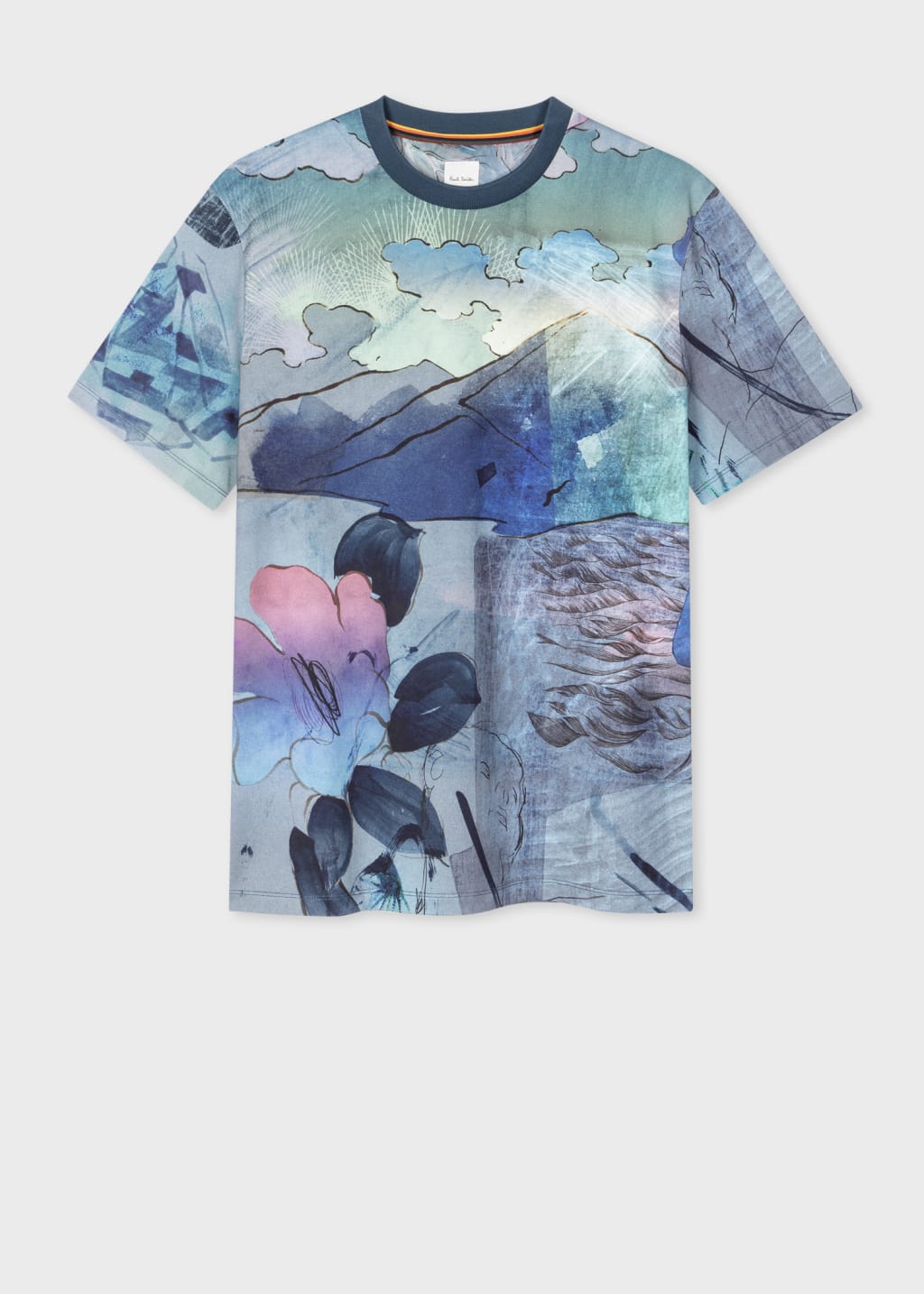 Front View - Blue 'Narcissus' Print Cotton T-Shirt Paul Smith