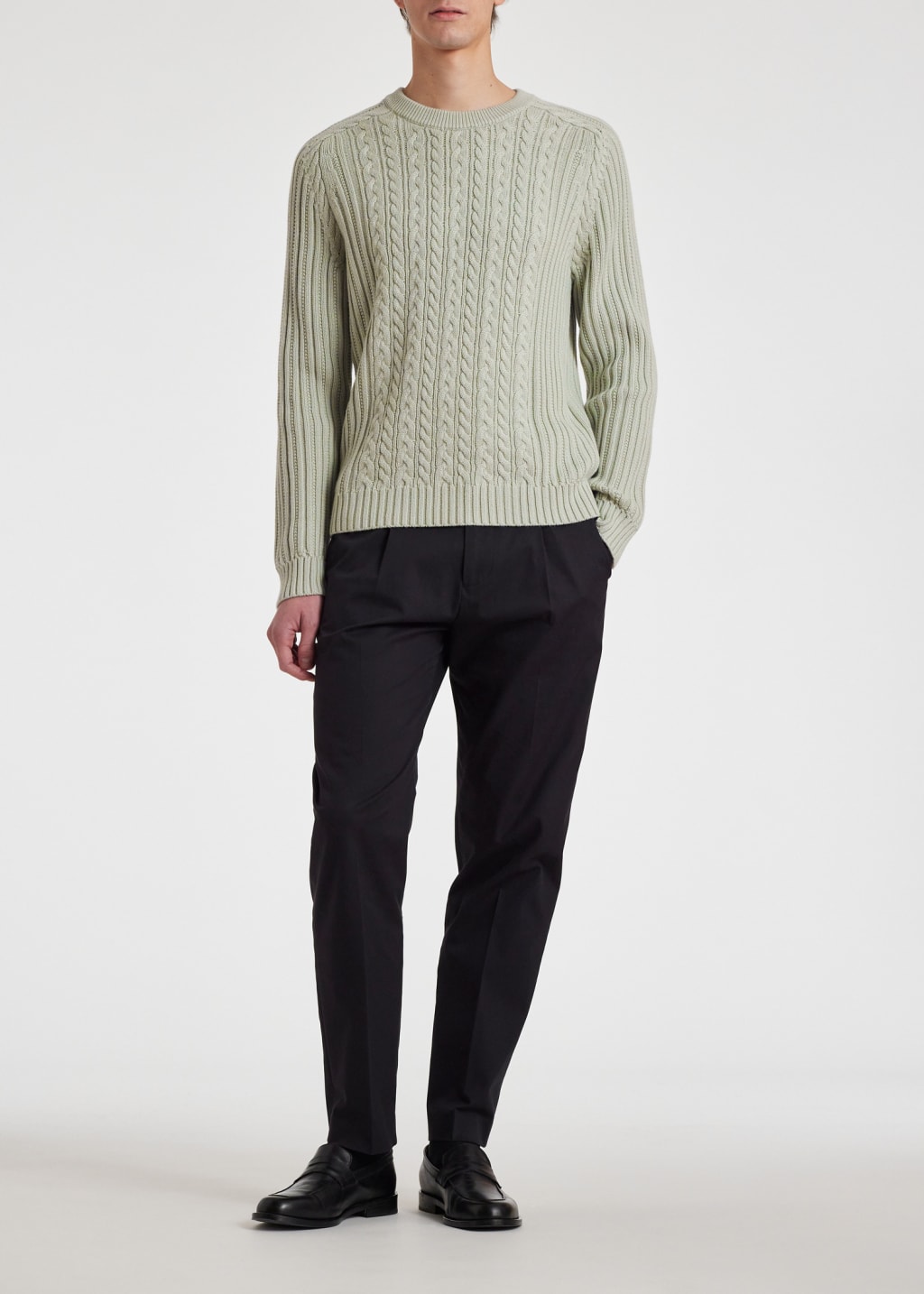 Model View - Pale Green Cotton-Cashmere Cable Knit Sweater Paul Smith